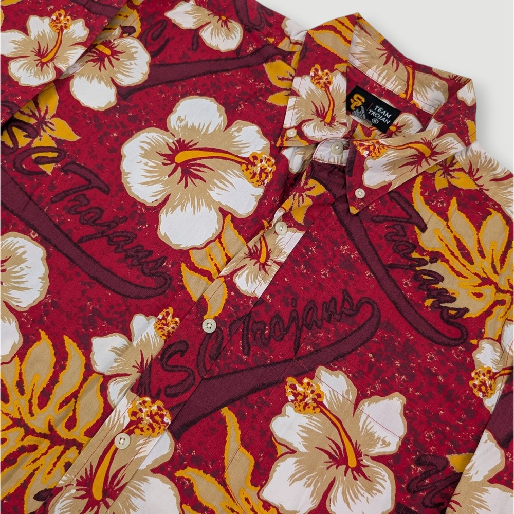 Vintage Team Trojan USC Trojans Hawaiian Shirt Men XL Red Floral Palm Print